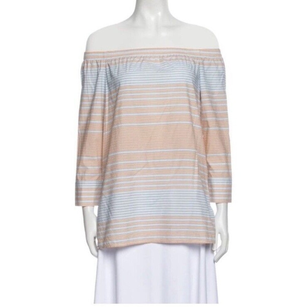 Lafayette 148 Cotton Top Stripes Beach Orange Blue Off Shoulder 3/4 Sleeve Med